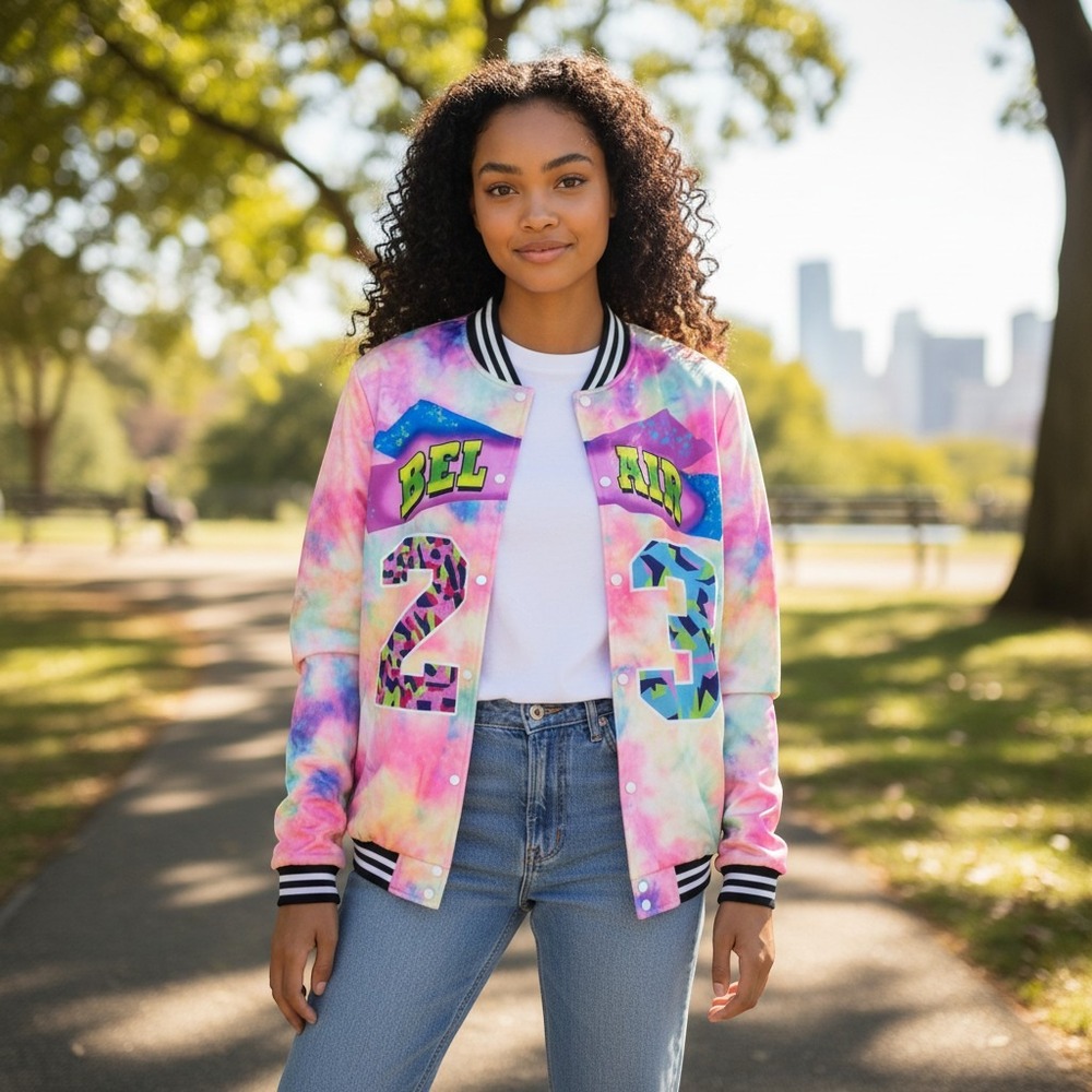 Bel Air 23 Varsity Bomber Jacket Womens Sz L Pastel Tie Dye Retro 90s Streetwear